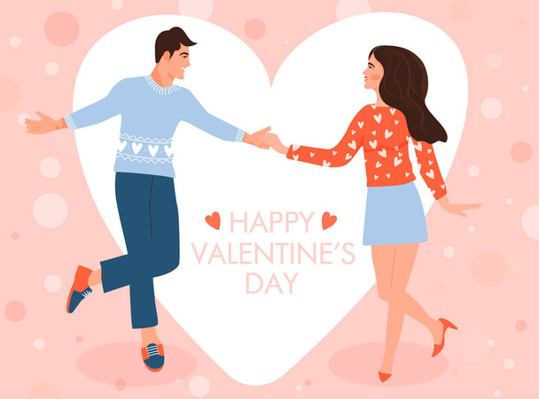 Valentines day greeting card with dancing couple. Man and his girlfriend in love. - Vector, Image