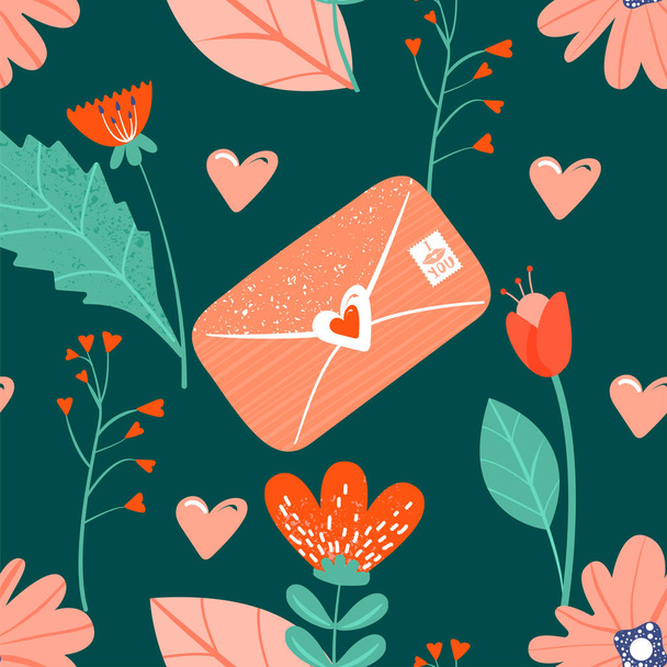 Seamless pattern with flowers and love envelope. - Vektör, Görsel