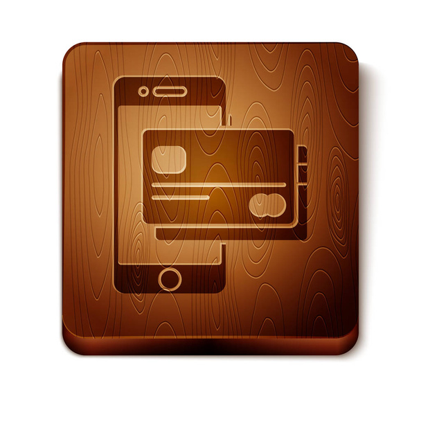 茶色の携帯電話とクレジットカードのアイコンは、白い背景に分離されています。スマートフォンのオンライン決済コンセプト。Nfc の支払い。転送アイコン。木製の正方形のボタン。ベクトルイラストレーション - ベクター画像
