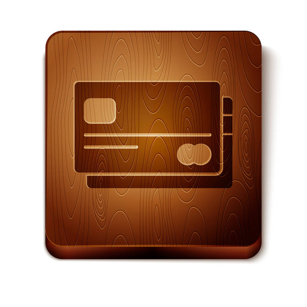 Icono de tarjeta de crédito marrón aislado sobre fondo blanco. Pago en línea. Retiro de efectivo. Operaciones financieras. Señal de compra. Botón cuadrado de madera. Ilustración vectorial
 - Vector, imagen