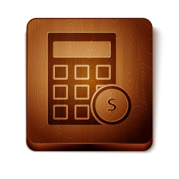 Barna számológép-val dollár jel ikon elszigetelt-ra fehér háttér. Pénz-megtakarítási koncepció. Könyvviteli jel. Fa négyzetes gomb. Vektoros illusztráció - Vektor, kép
