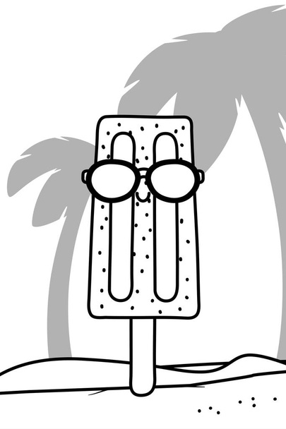 Мороженое в солнечных очках смешная карикатура в черно-белом
 - Вектор,изображение