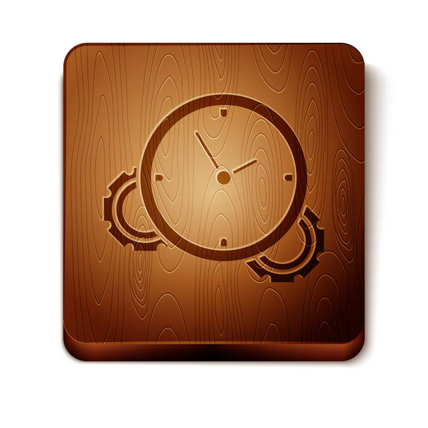 Icono Brown Time Management aislado sobre fondo blanco. Señal de reloj y engranaje. Símbolo de productividad. Botón cuadrado de madera. Ilustración vectorial
 - Vector, Imagen