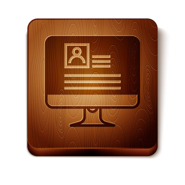 Brown Computer monitor with resume icon isolated on white background. CV application. Searching professional staff. Analyzing personnel resume. Wooden square button. Vector Illustration - Vektor, Bild