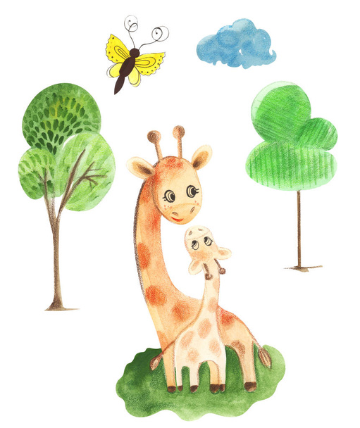 Ilustracja kolor akwarela charakter zwierzęcy żyrafa Mama i syn razem między palmami na białym białym tle. - Zdjęcie, obraz