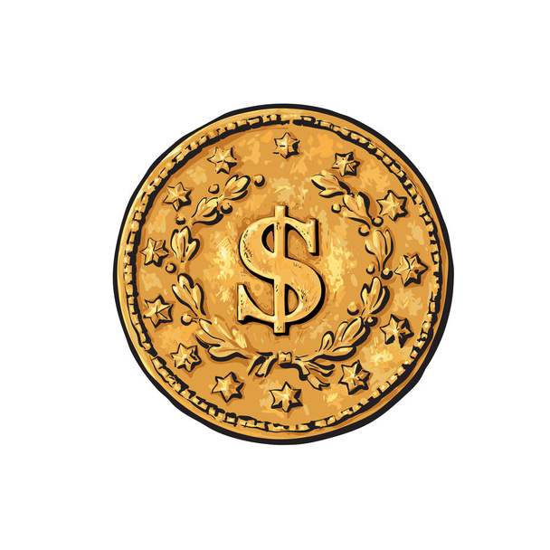 Sketch of old gold coin with dollar sign. Hand drawn vector illustration in retro style on white background. Money cash finance wealth symbol. - Vektori, kuva