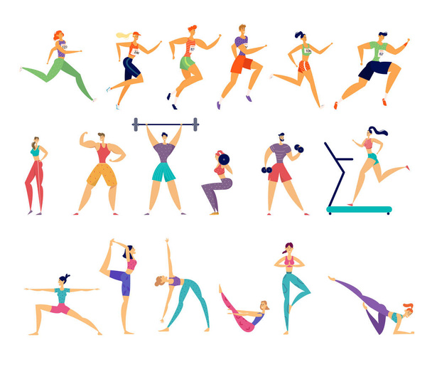 Sport Attività Set. Allenamento di personaggi sportivi maschili e femminili. Yoga, Allenamento circuito, Esercizi peso corporeo, Allenamento circuito, Esercizi peso corporeo, Esercizi peso corporeo, Stretching
 - Vettoriali, immagini
