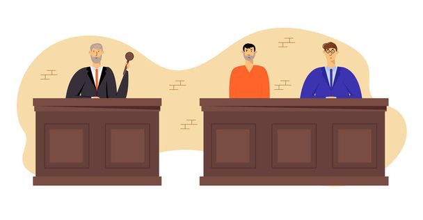 Tribunal i Justice Concept, szary włosy sędzia noszenie Black suknia Hold gavel. Oskarżony w więzieniu Robe siedzi z adwokatem prawnik w sądzie, system oceny. Kreskówka płaski wektor ilustracja - Wektor, obraz