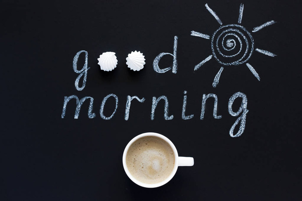 Text Good morning, sun chalk on black background, Cup of coffee, - Фото, изображение