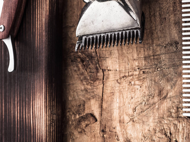 barber tools. vintage clipper straight razor. hairbrush. - Photo, Image