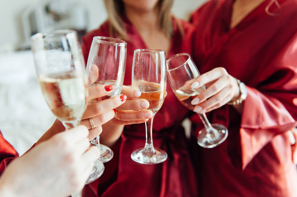 celebration, eating and holidays concept - hands clinking wine glasses - Foto, Bild