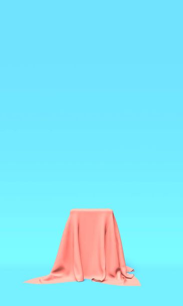 Podium, pedestal or platform covered with pink cloth on blue background. Abstract illustration of simple geometric shapes. 3D rendering. - Foto, Imagen