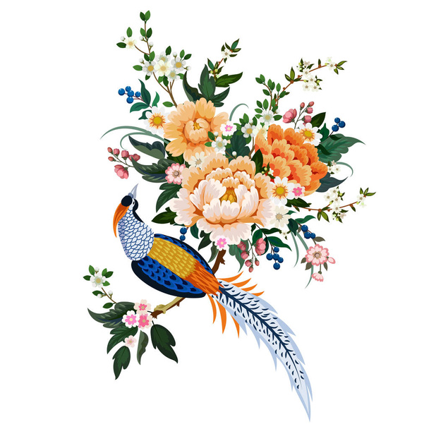 Gorgeous bouquet with peonies,sakura,blooming pum and diamond pheasant in Chinese style - Vector, Image