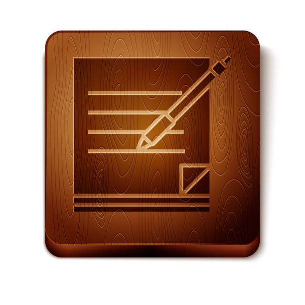 Brown Blank notebook and pen icon isolated on white background. Paper and pen. Wooden square button. Vector Illustration - Vecteur, image