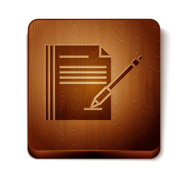Brown Blank notebook and pen icon isolated on white background. Paper and pen. Wooden square button. Vector Illustration - Vector, Image