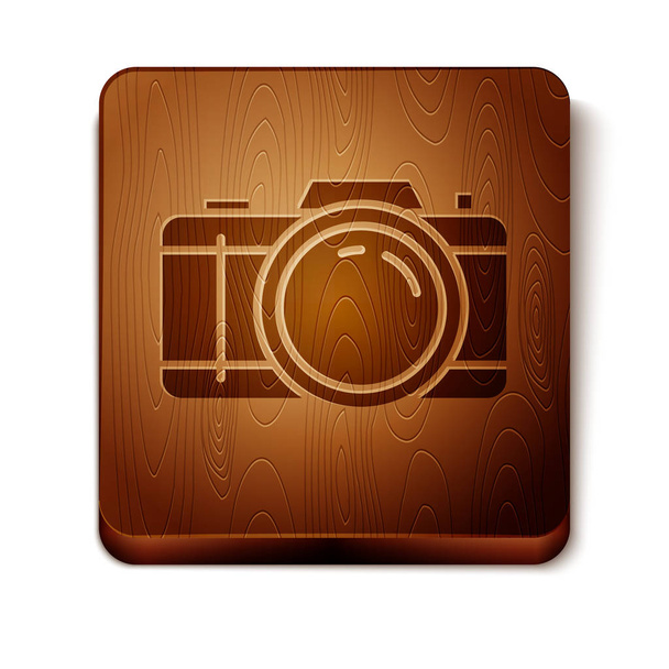 茶色の写真のカメラのアイコンは、白い背景に分離されています。フォトカメラのアイコン。木製の正方形のボタン。ベクトルイラストレーション - ベクター画像