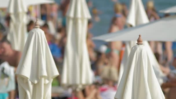 Onscherpe achtergrond. strandstoelen en parasols op het strand, onherkenbaar mensen rusten - Video