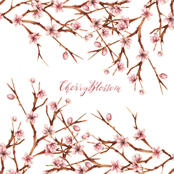Cherry blossom,Watercolor spring illustration, flowers, twigs, buds,card for you,handmade - Foto, afbeelding