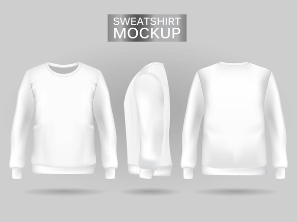 Blank mens white sweatshirt in front, back and side views. Realistic male clothes for sport and urban style - Vektor, kép