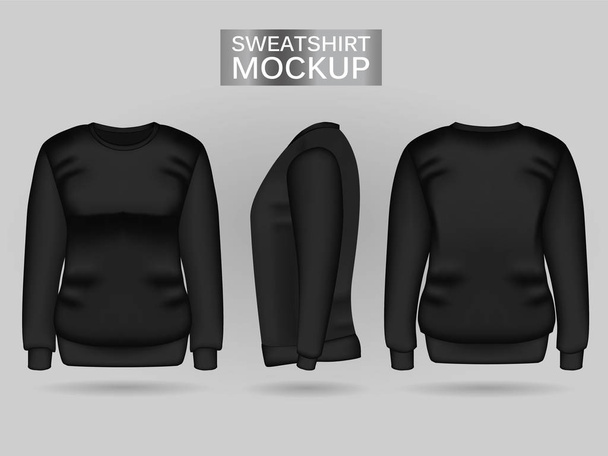 leeres schwarzes Sweatshirt für Frauen vorne, hinten und seitlich. realistische Damenkleidung für Sport und urbanen Stil - Vektor, Bild