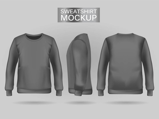 Blank mens gray sweatshirt in front, back and side views. Realistic female clothes for sport and urban style - Vector, afbeelding