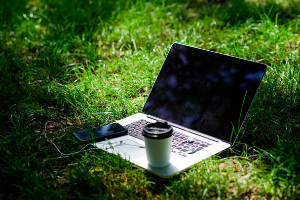 Work and relax in natural environment. Green office. Its coffee time. Coffee take away. Coffee break outdoors. Laptop modern smartphone with earphones and coffee cup on green grass. Summer park - Zdjęcie, obraz