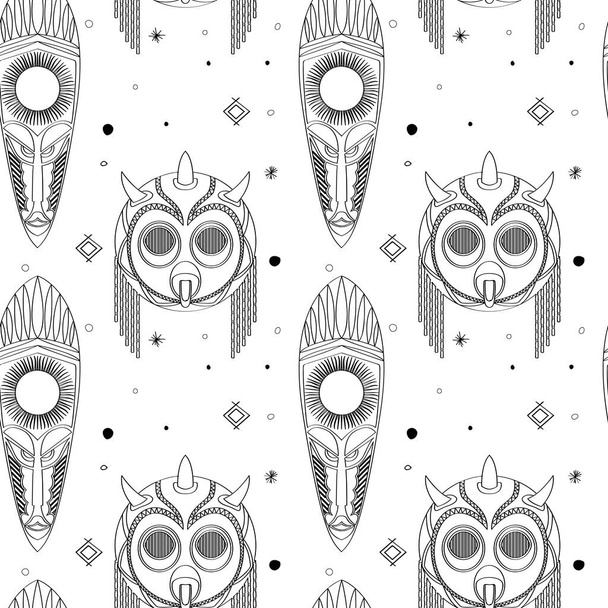 Seamless outline pattern with tribal masks in black and white colors. Hand drawn design for fashion, textile, fabric, wrapping paper, tiles, website wallpaper, background. - Вектор,изображение