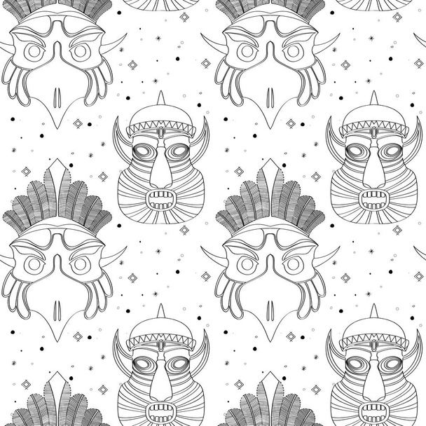 Seamless outline pattern with tribal masks in black and white colors. Hand drawn design for fashion, textile, fabric, wrapping paper, tiles, website wallpaper, background. - Vecteur, image