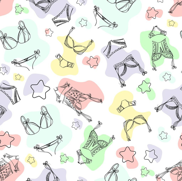 Lingerie seamless pattern. Hand drawn vector underwear background for your design and print. Outline black and white illustration. Bras and panties doodle. Fashion feminine wallpaper.. - Vektor, kép