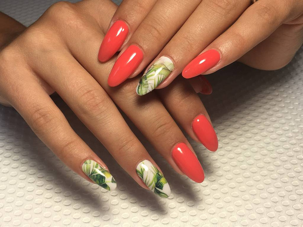 fashion coral manicure with green leaf design on long nails - Photo, Image