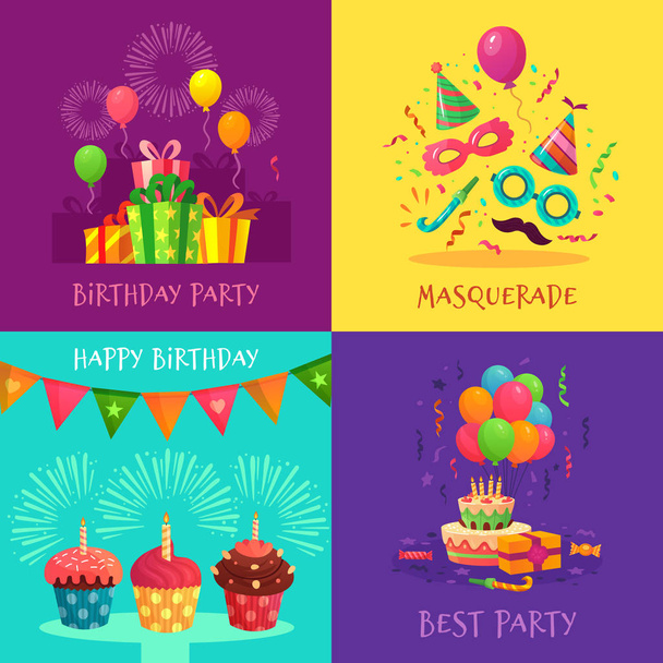 Cartoon party invitation cards. Celebration carnival masks, birthday party decorations and colourful cupcakes vector illustration set - Vector, Image