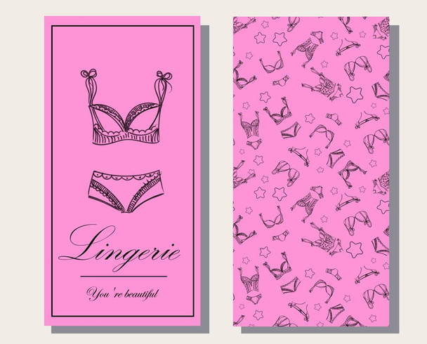 Logo and seamless pattern for Fashionable women's lingerie collection, vector illustration sketch. BRAND STYLE of women's lace underwear, panties, bras, corsets, bodies, garters, stockings, pajamas,. - Vector, Image