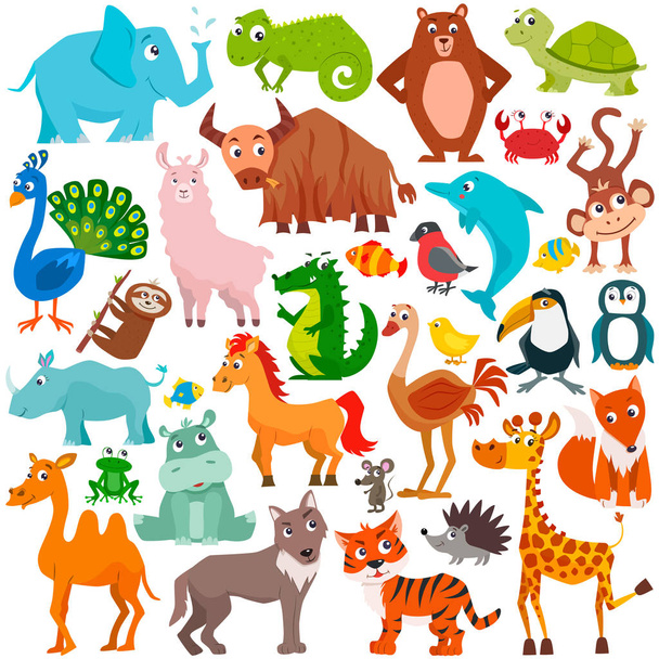 Grande serie di simpatici animali dei cartoni animati. Illustrazione vettoriale. - Vettoriali, immagini