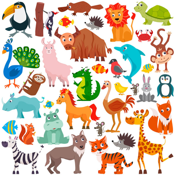 Grande serie di simpatici animali dei cartoni animati. Illustrazione vettoriale. - Vettoriali, immagini