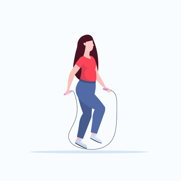 fat obese woman doing exercises with jumping rope overweight girl training workout weight loss concept flat full length white background vector illustration - ベクター画像