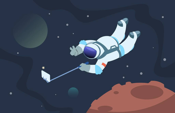 Selfie astronaut. Fanny cosmonaut taking photos in space on smartphone. Vector cartoon cute spaceman poster - ベクター画像