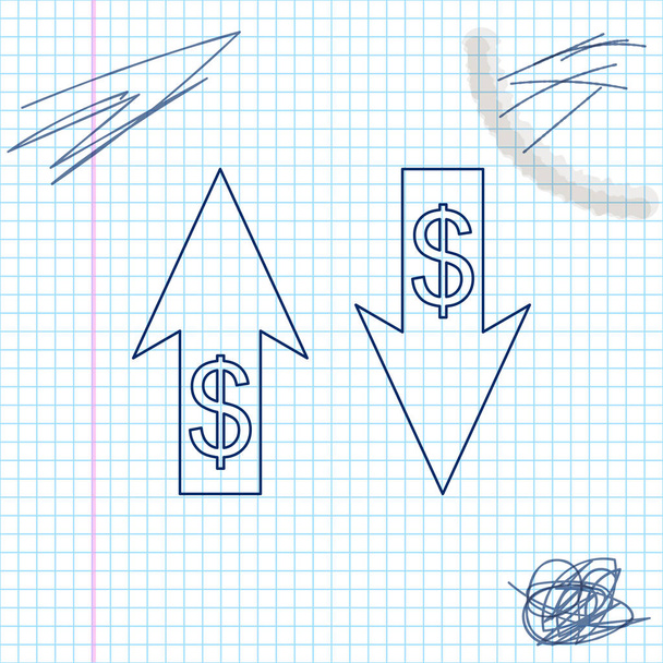 Omhoog en omlaag pijlen met dollar symbool lijn schets pictogram geïsoleerd op witte achtergrond. Bedrijfsconcept. Vector illustratie - Vector, afbeelding
