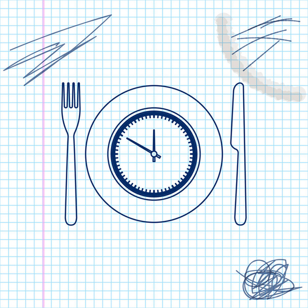Levy kello, haarukka ja veitsi linja luonnos kuvake eristetty valkoisella pohjalla. Lounasaika. Syöminen, ravitsemus, aterian aika ja ruokavalio käsite. Vektorikuvaus
 - Vektori, kuva