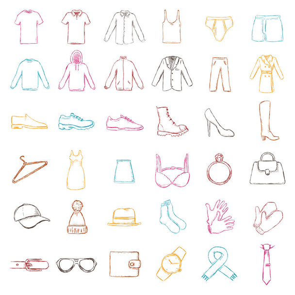 Vector Set of Isolated Color Sketch Clothes Icons - Vector, Image