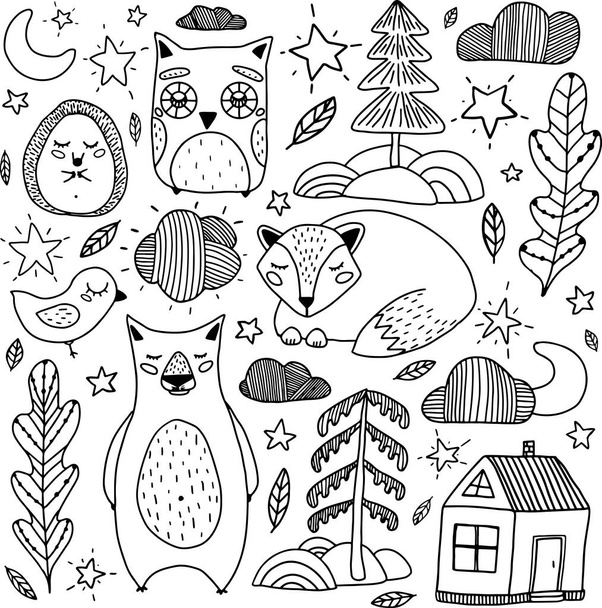 Επίπεδη απεικόνιση περίγραμμα υπνηλία δάσος με κουκουβάγια, αρκούδα, σκαντζόχοιρος, αλεπού, το φεγγάρι, αστέρια, δέντρα και το σπίτι. Ιδανικό για εκτύπωση, μωρουδιακά σχέδια και λινά - Φωτογραφία, εικόνα