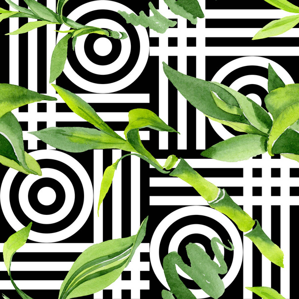 Bamboo green leaves. Watercolor background illustration set. Seamless background pattern. - 写真・画像