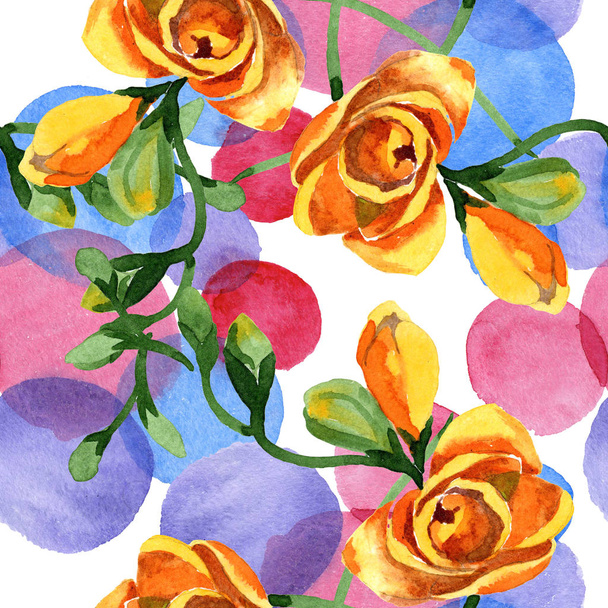 Flores botânicas florais freesia amarelas. Conjunto de ilustrações aquarela b ackground. Padrão de fundo sem costura
. - Foto, Imagem