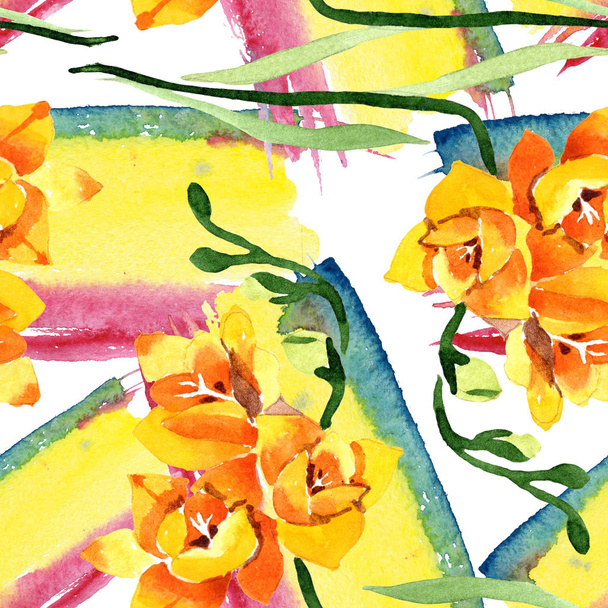 Botanische Blüten der gelben Freesia. Aquarell b ackground illustration set. nahtloses Hintergrundmuster. - Foto, Bild