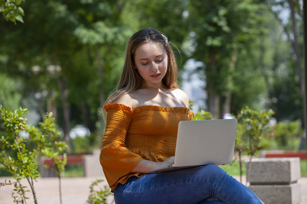 Young woman with laptop on green grass at park - Foto, Imagen