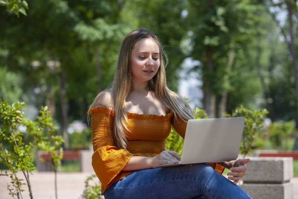 Young woman with laptop on green grass at park - Photo, Image