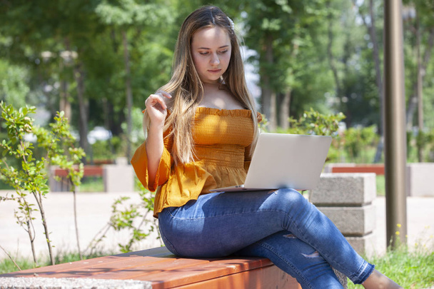 Young woman with laptop on green grass at park - Photo, Image