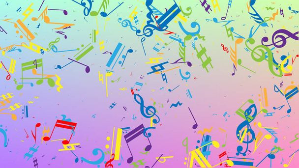 Disco Background. Many Random Falling Notes, Bass and, Treble Clef. Colorful Musical Notes Symbol Falling on Hologram Background. Disco Vector Template with Musical Symbols. - Vektor, obrázek