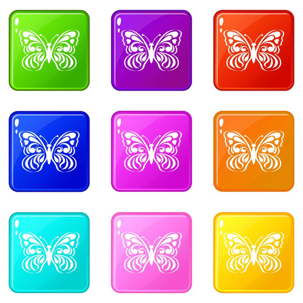 Butterfly with abstract patterning on wings icons set 9 color collection - Vector, imagen