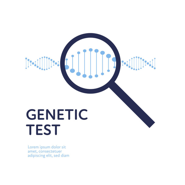 Шаблон векторного генетического тестирования. Джин ДНК спираль, увеличительное стекло на белом фоне. Элемент дизайна для образования, здравоохранения, медицины, науки, клиники, эксперимента, терапии, исследований
 - Вектор,изображение