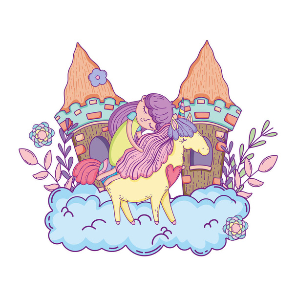 unicornio y princesa con castillo en las nubes
 - Vector, imagen